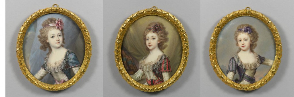 Vers 1796, d’après Lévitsky, les grandes duchesses Alexandra, Elena, Maria et Pavlovna (Royal Collection), toujours avec des rayures./ About 179, after Levitsky, grand duchesses Alexandra, Elena and Maria Pavlovna (Royal Collection), again with stripes !