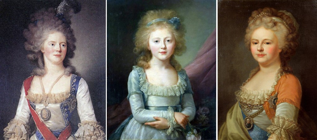 1792-95 : des couleurs différentes au sein de la famille impériale : 1792 La tsarevna Maria Feodorovna par Jean-Louis Voille ; la même année par le même peintre, sa fille la grande duchesse Eléna Palvovna ; 1795, la tsarevna porte du orange (par Lampi)./ 1792-95 : different colors for the Imperial family : 1792 tsarevna Maria Feodorovna by J-L Voille, same year by the same painter, her daughter the grand duchess Elena Pavlovna ; 1795 the tsarevna is wearing orange (by Lampi).