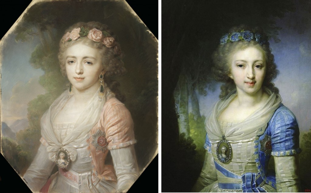 1796 Borovikovski peint les grandes duchesses Alexandra et Eléna Pavlovna en robe de cour rayées et frangées, un grand classique./ 1796 Borovikovsky painted the grand duchesses Alexandra and Elena Pavlovna in stripes ad fringed court dresses, a great classic.