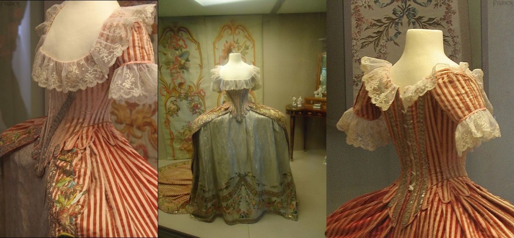 Et pour finir, ceci n’est pas une robe de cour russe, malgré les rayures. Elle a été faite pour la grande duchesse Ekatérina Pavlovna, peut-être dans l’atelier de Rose Bertin, à la fin des années 1780. C’est un grand habit français avec la particularité d’avoir les rayures prisées par le costume de cour russe. (Pavlovsk). / To finish, this is not a Russian court dress. It was made for the grand duchess Ekaterina Pavlovna, maybe by Rose Bertin workshop. This is French grand habit with stripes, popular on Russian court dress.