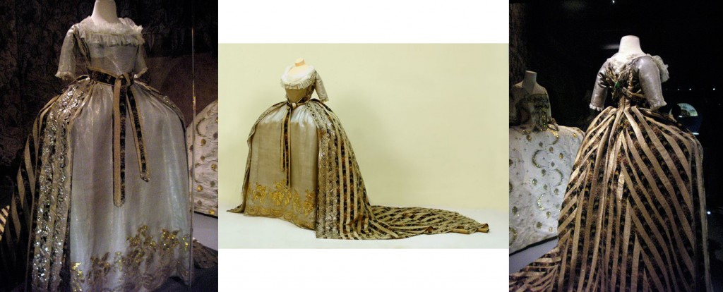 Robe de cour de la grande duchesse Ekatérina Pavlovna, années 1790, Pavlovsk : grand corps, jupe et manteau à traine muni de bretelles. Pékin de soie, drap d’or, paillettes dorées, cannetille or et argent, grands et petits paillons d’argent, paillettes d’argent. Cette robe a été présentée à l’exposition Fastes de cour au château de Versailles (les photos de droite et gauche sont de Johanna Öst). / Court dress of grand duchess Ekaterina Pavlovna, 1790’s, Pavlosvk : grand corps, skirt and manteaux with train and straps. Silk pekin, gold cloth, gold glitter, gold and silver bullion, large and small silver spangles, silver sequins. This dress was presented to the Fates de cour exhibition at Versailles (photos left and right by Johanna Öst)