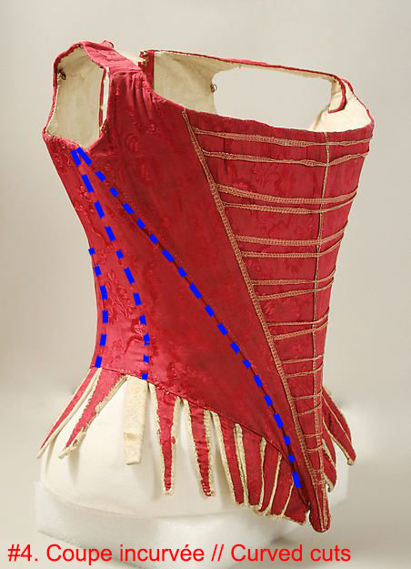 Corsage, soie et cuir / fer / fanons / lin (1775-1789, conservée au MET). La cambrure des coutures est soulignée en bleu. || Bodice, silk / leather / iron / baleen / linen (1775-89, kept in the MET). The curved seamings are lined in blue.